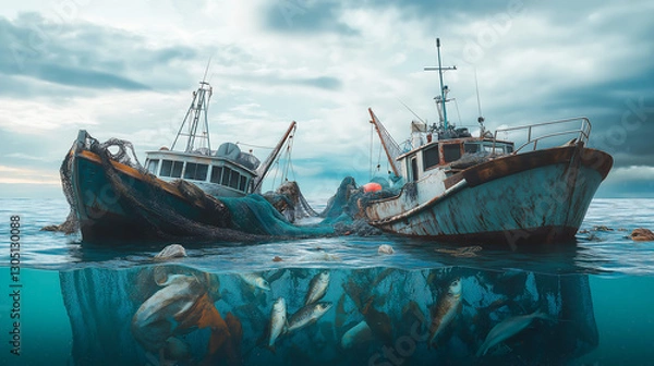 Fototapeta An old fishing boat floating on a polluted ocean, with a fishing net hanging from its side with fish and various pieces of trash. The impact of pollution on marine life
