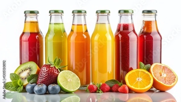 Fototapeta Colorful Bottles of Fresh Fruit Juice with Sliced Fruits