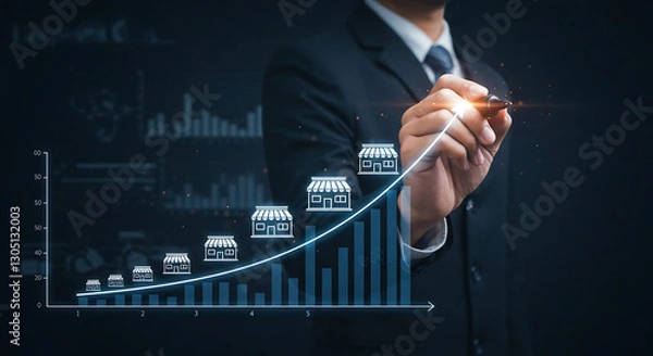 Fototapeta Businessman Drawing Growth Chart on Dark Background