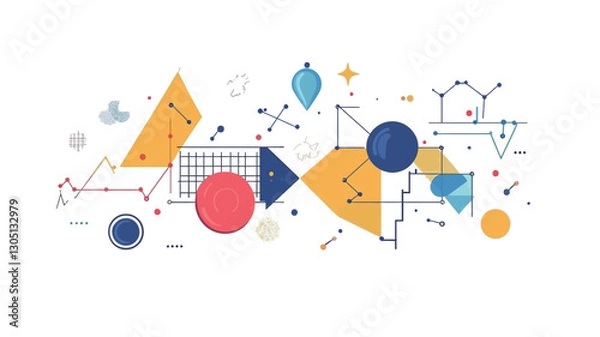 Fototapeta The image is a vector illustration featuring a flat design style.  It presents a composition of various geometric shapes including circles, triangles, and squares in shades of yellow,