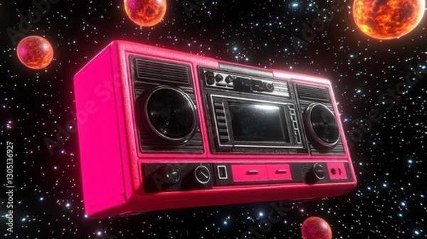 Fototapeta Pink retro boombox floats in a vibrant space scene, surrounded by glowing planets and stars. Digital art with a futuristic, retro aesthetic.