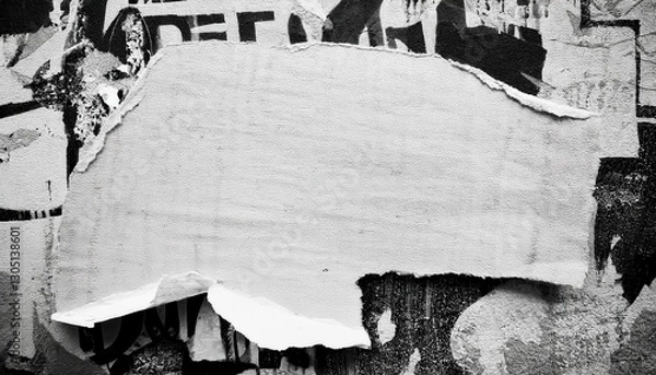Fototapeta torn white paper on urban grunge wall with abstract black graffiti, blank ripped poster template, textured street art frame

