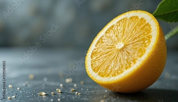 Obraz Juicy Lemon, Fresh yellow lemon on table with black background, Close-up picture of lemon slice isolated on blurred background