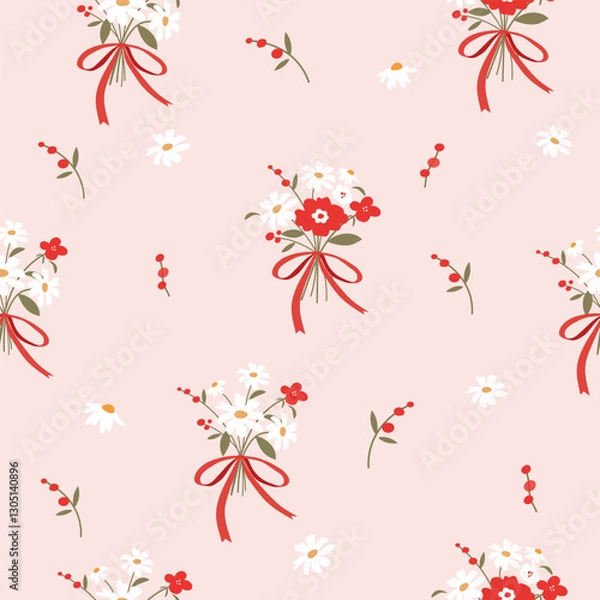 Obraz red  white  flower bouquets with bows  seamless pattern , vector , illustration 