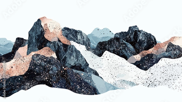 Fototapeta Digital illustration depicting a stylized mountain range. The style is abstract and minimalist, with simplified forms and a limited color palette of greys, blues, and whites.  The mountains