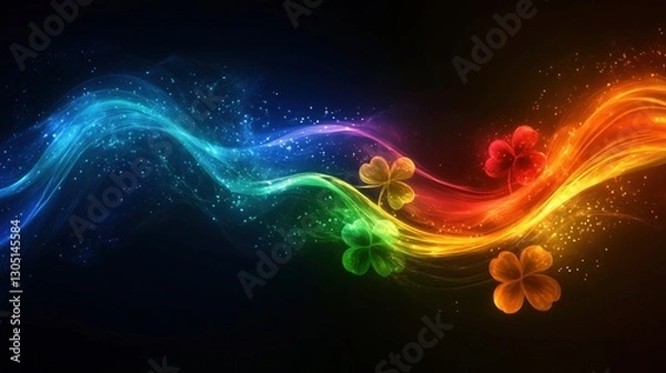 Fototapeta Vibrant, multicolored flowing waves in shades of blue, green, red, and orange, interspersed with colorful four - leaf clovers, set against a dark background