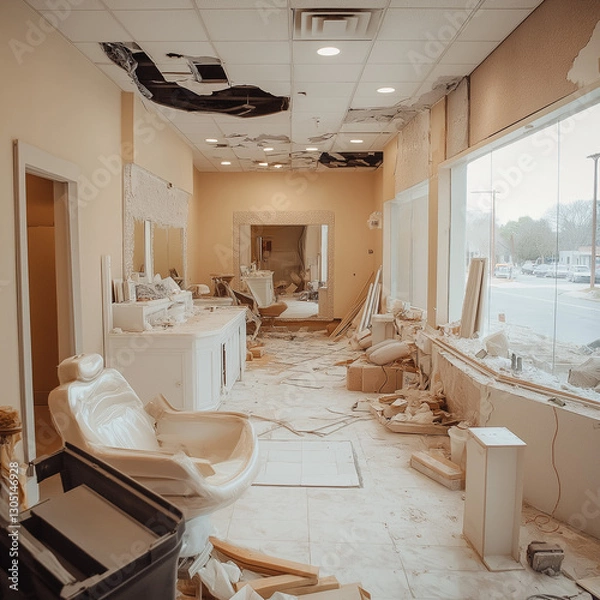 Fototapeta A beauty salon under renovation.  The space is filled with debris and tools, showing a work in progress.