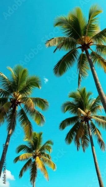Fototapeta Lush green palms sway gently in a vibrant blue sky, relaxing, nature