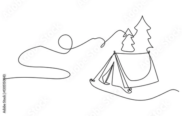 Fototapeta Single continuous line drawing camping site with tent bonfire and pot equipment, Camping Tent with Campfire Continuous Line Drawing with Editable Stroke and Copy Space.