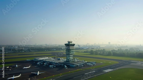 Fototapeta Aerial view of a modern air traffic control tower with airplanes taking off and landing on surrounding runways, showcasing aviation infrastructure and air transportation concepts.