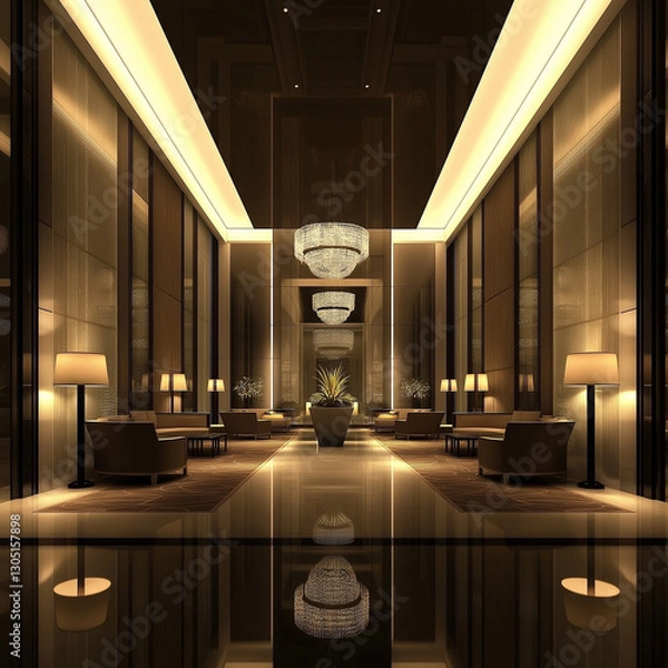 Obraz Elegant hotel lobby with contemporary design, warm lighting, and plush seating.
