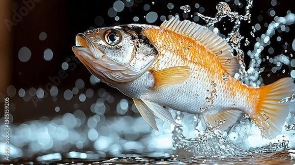 Obraz Leaping fish, water splash, dark background