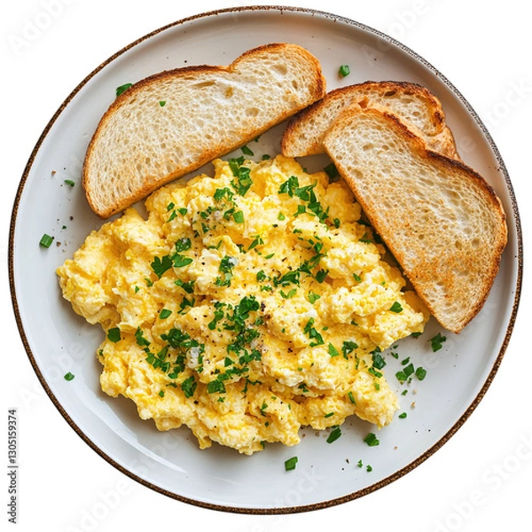 Fototapeta A plate of scrambled eggs with toast isolated on transparent background.
