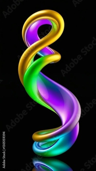 Obraz A twisted abstract form with smooth, flowing curves, showcasing a vibrant gradient transitioning from gold to purple, green, and blue.