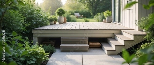 Fototapeta Charming composite deck with steps and planters surrounded by lush plants in a sunlit garden
