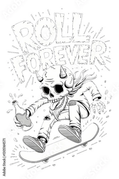 Fototapeta A skull riding a skateboard and drinking beer