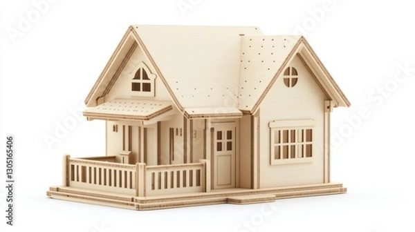 Fototapeta Wooden house model, studio shot, perfect rendering, home design, 3D object