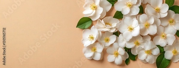 Fototapeta Delicate white apricot blossoms gracefully set against a soft beige background highlight a tranquil minimalist aesthetic