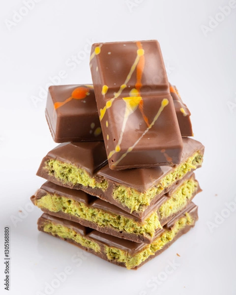 Fototapeta Dubai chocolate bar with filling made of kataifi (knafeh, kadayif) and pistachio  paste. Trendy chocolate on white background. Close-up.