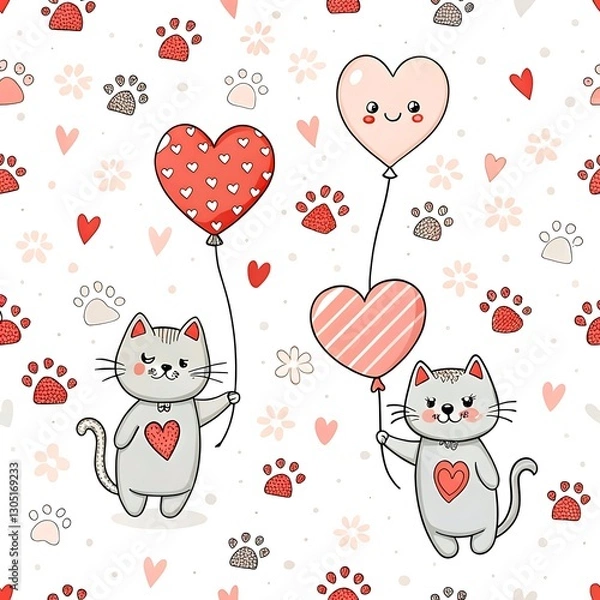 Fototapeta Adorable grey kittens holding heart balloons cute valentine pattern cat red paw pet cats love pink
