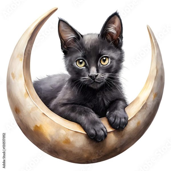 Fototapeta Celestial Cat: A captivating black kitten rests serenely within a crescent moon, its mesmerizing eyes reflecting a world of wonder. An enchanting fusion of fantasy and feline charm.