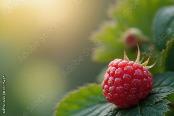Fototapeta A Close up of a Raspberry Sitting on Top of a Leaf - Generative AI