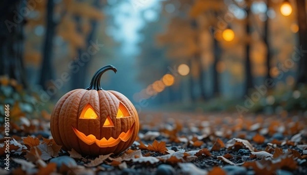 Obraz Halloween Pumpkin, Spooky Halloween pumpkin lantern on tree in the dark, Close-up picture of scary halloween jack o lantern on forest background