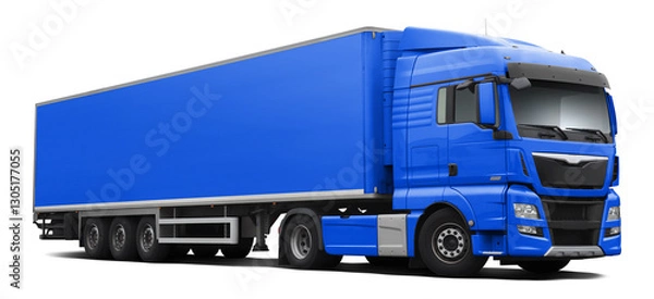 Fototapeta A modern European truck with a cab and semi-trailer in full light blue. Front side view isolated on white background.