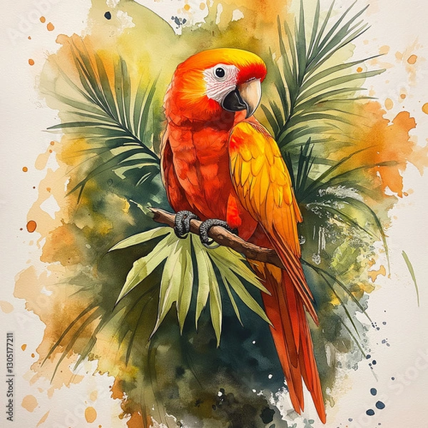 Obraz Colorful vibrant watercolor style parrot perched on a branch with a suggested jungle background.