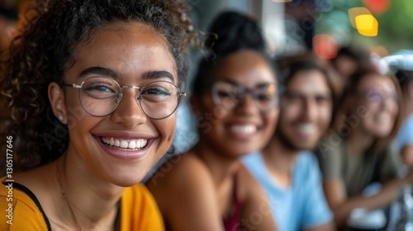 Obraz Joyful gathering of friends sharing laughter and positivity at a cozy cafe during a sunny afternoon