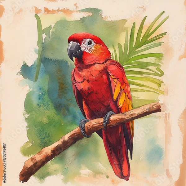 Obraz Colorful vibrant watercolor style parrot perched on a branch with a suggested jungle background.