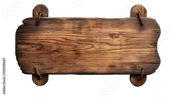 Fototapeta Weathered wooden sign featuring rusty metal rings, waiting for custom text against transparent backdrop