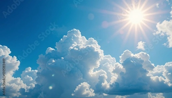 Obraz Blue Sky with Clouds, Bright blue sky with fluffy white clouds and shining sun, Image of blue sky with clouds on bright summer