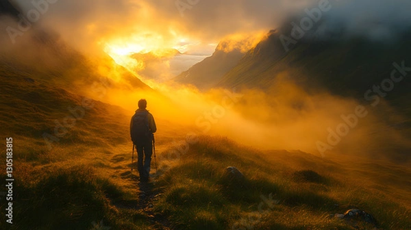 Fototapeta A quiet mountain valley filled with soft mist, with golden sunlight breaking through the clouds and illuminating patches of vibrant green grass. A hiker walks slowly, the scene evoking a sense of calm