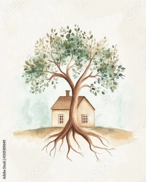Fototapeta Symbolic illustration of stability and faith, with a home and tree deeply connected by roots.
