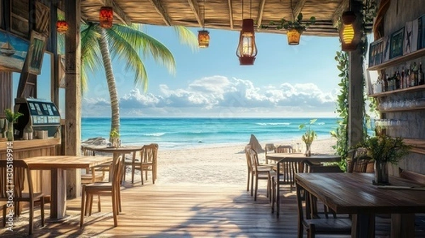 Fototapeta A cozy beachside cafa with wooden tables and ocean views