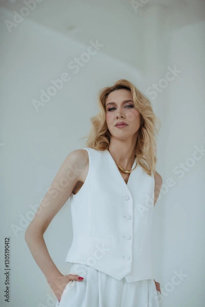 Fototapeta A confident blonde woman in a sleek white vest suit poses with elegance. Her poised expression and minimalist backdrop emphasize a modern, sophisticated aesthetic.