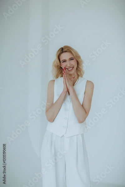 Fototapeta A stylish blonde woman in an elegant white suit smiles with joy, hands together in gratitude. A minimalist, bright background enhances her modern and sophisticated look