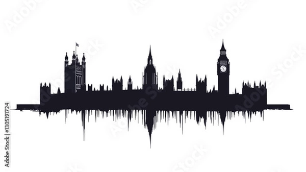 Fototapeta A stylized black and white illustration depicting the London skyline as a silhouette.  The buildings are simplified, creating a graphic representation. The base of the image features a stylized