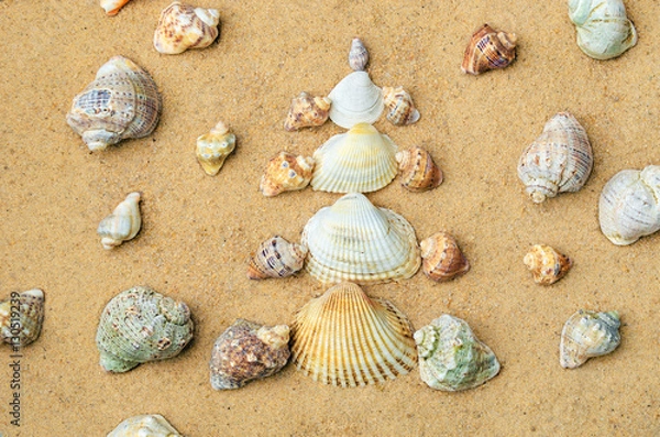 Obraz Christmas tree made of shells on the sand