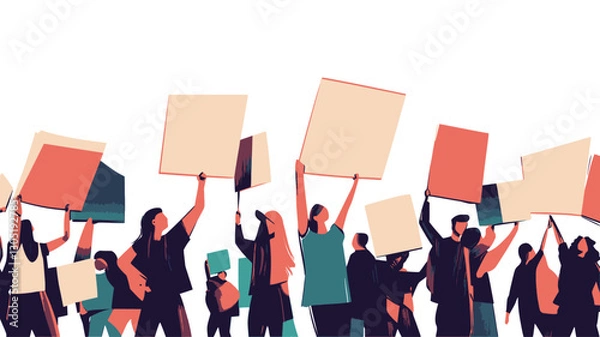 Fototapeta The image is a stylized illustration depicting a large group of people participating in a protest.  The figures are simplified, almost silhouette-like, in various colors and are holding rectangular