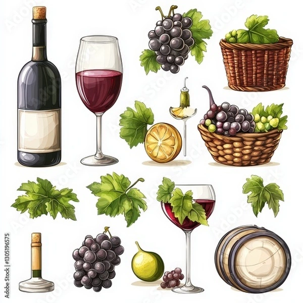 Fototapeta Wine icons set cut out isolated on white background