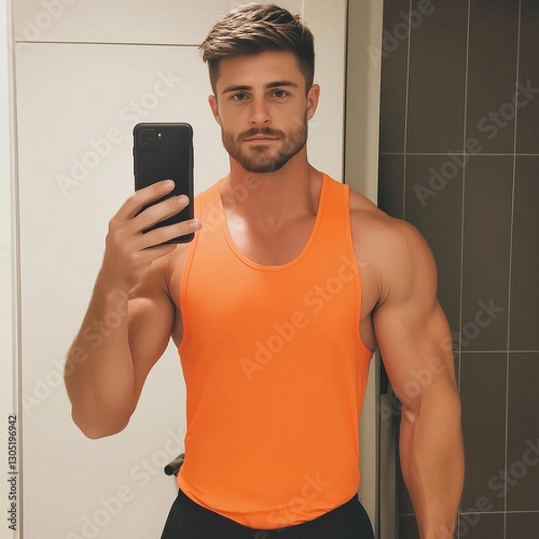 Obraz Handsome young man taking a selfie in a bathroom mirror.