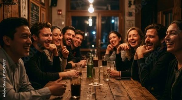 Obraz Group of friends laughing and drinking at wooden table in cozy pub at night. Social gathering and celebration concept. Bar entertainment and party lifestyle with copy space