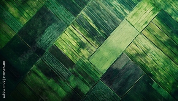 Obraz Aerial View of Lush Green Agricultural Fields with Geometric Patterns and Space for Custom Text Placement ,

