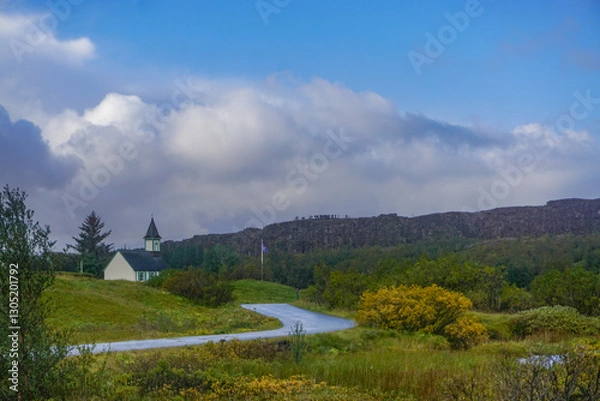 Obraz Thingvellir National Park, Iceland: Thingvallakirkja (Thingvellir church), in Valhallavegur; tourists on the overlook.