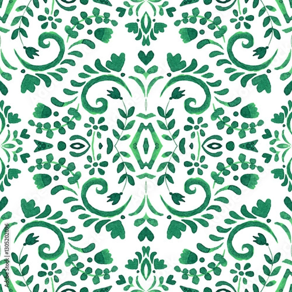 Obraz Abstract green and white damask hand drawn tile seamless ornamental watercolor paint pattern. Elegant luxury floral texture.