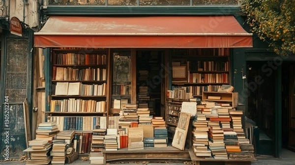 Fototapeta Charming Parisian Bookstore with Stacked Books and Red Awning