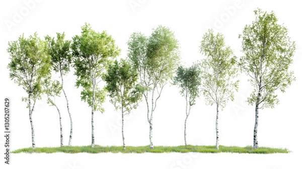 Obraz Row of photorealistic birch trees with lush green leaves on a transparent background, ideal for architectural visualization