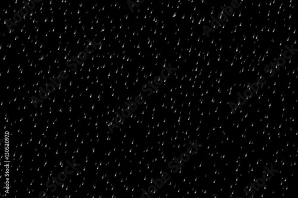 Fototapeta Rain fall concept. Falling raindrops on black background. Just change blending mode to "Screen" and use it in your rainy pictures. Uniform droplet distribution, droplets fall from the top downwards.